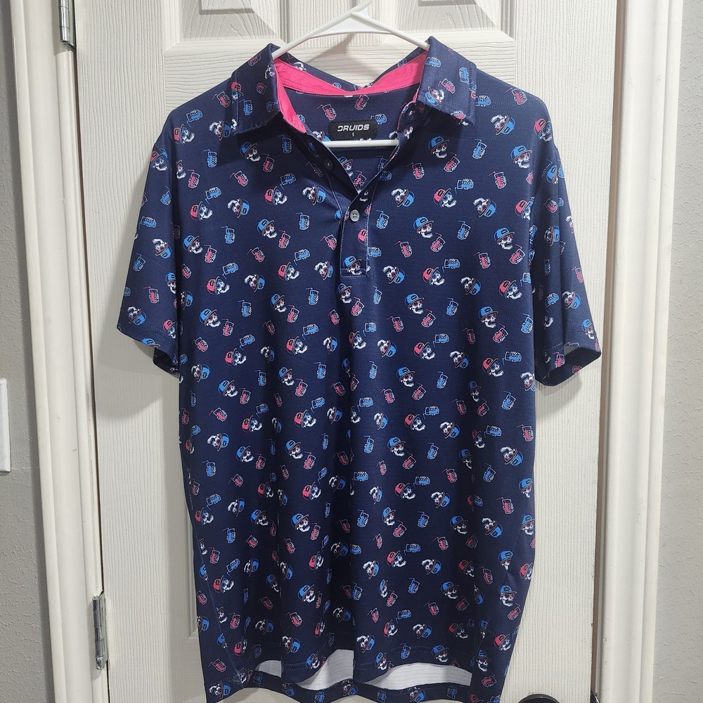 Druids Golf Polo‎ Shirt Men's S Navy Skull Print Performance Moisture Wicking